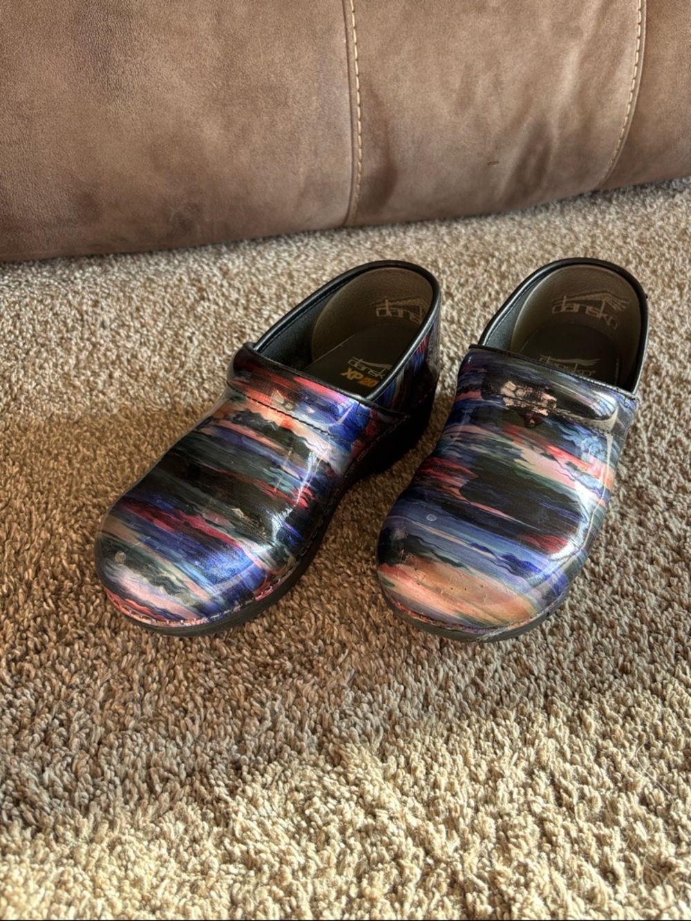 Dansko Painted Leather Clogs in Blue, Pink, Orange, Black & Cream